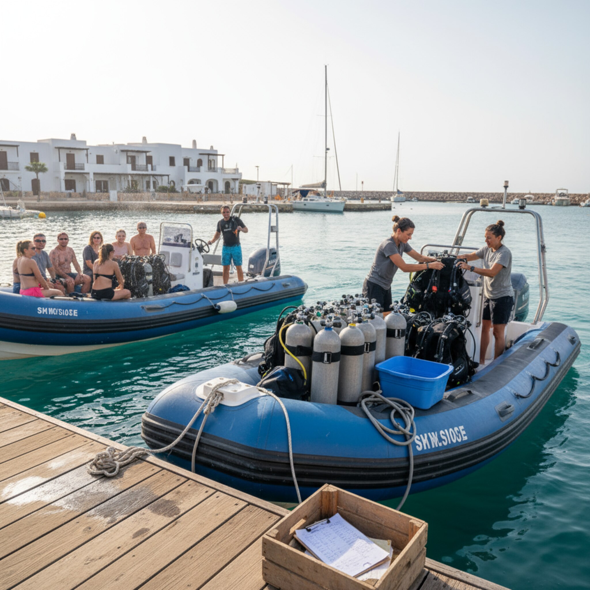 Realistisches Foto, zwei Tauchboote an einem sonnigen Tag, eines legt mit voller Gruppe ab, das andere lädt noch Ausrüstung, Stapel von Tanks und BCDs in passenden Größen, lebendige Marina-Szene.