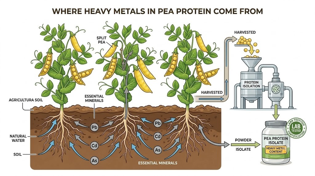 A scientific illustration infographic showing the path of heavy metals like lead (Pb), cadmium (Cd), and arsenic (As) from agricultural soil and natural water into pea plants, which are then harvested and processed into pea protein isolate powder. The diagram highlights that the final product may contain heavy metal content and suggests lab testing.