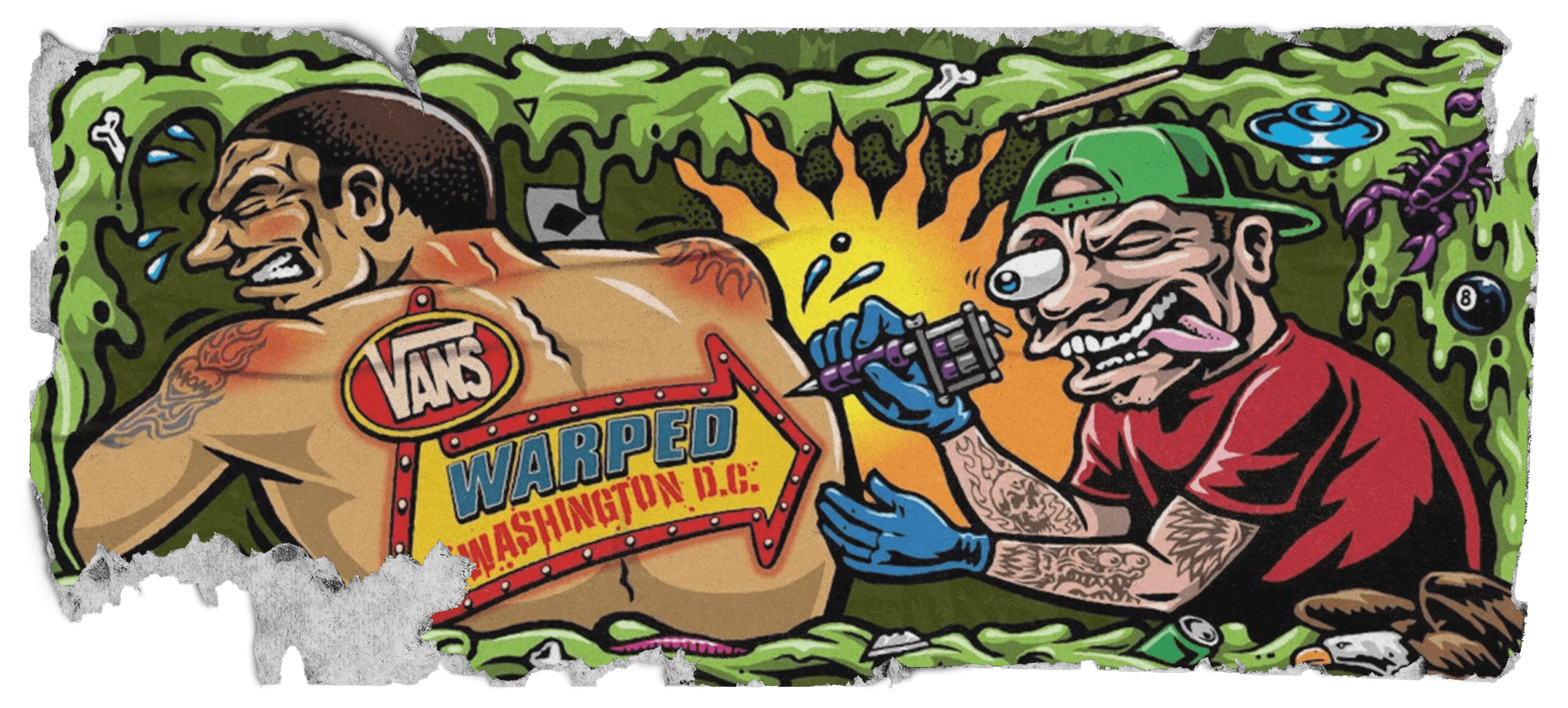 A logo of a playful cartoon scene featuring two characters engaged in a humorous tussle in a colorful, vibrant setting.