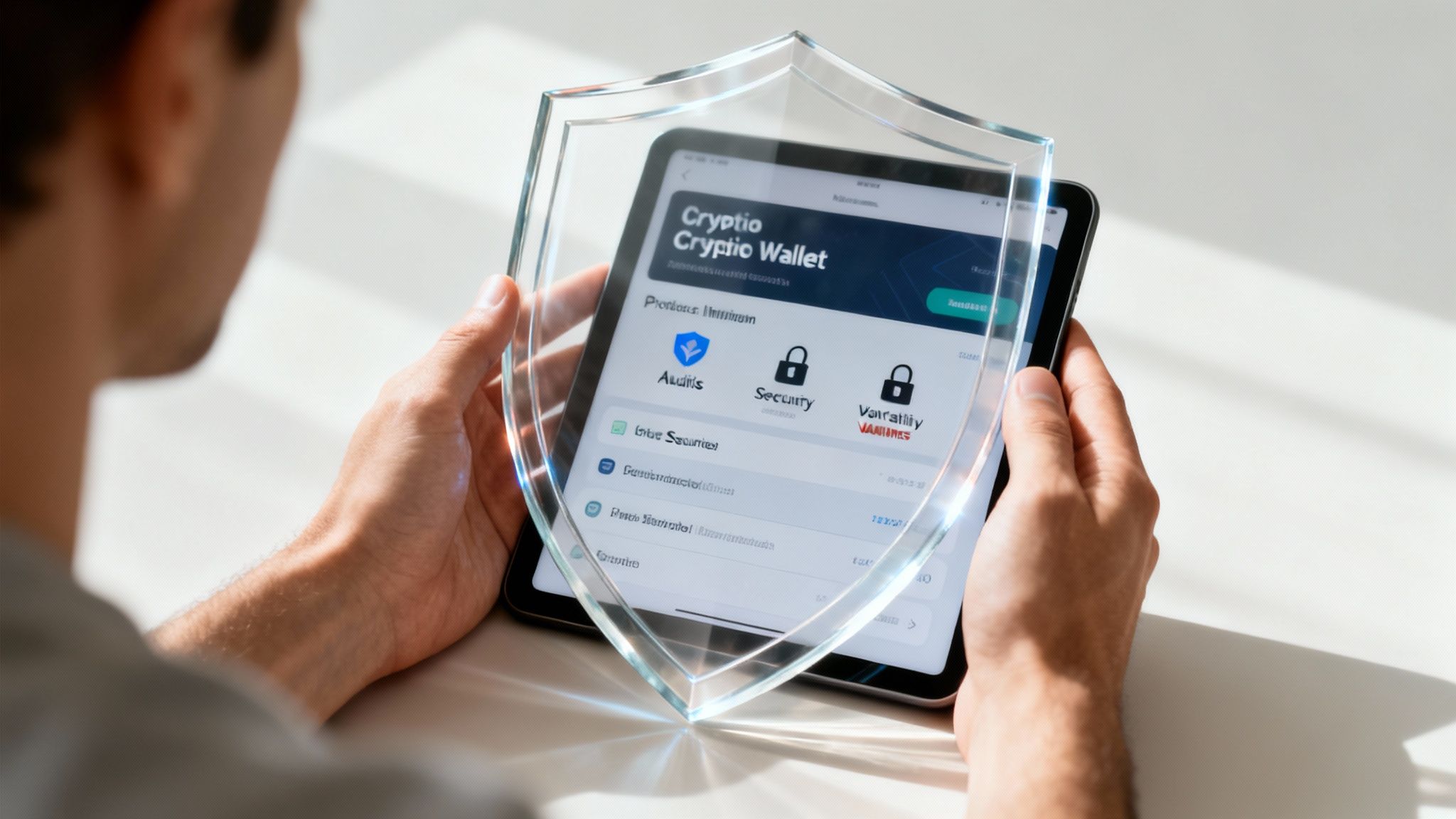 Man holding a tablet displaying a crypto wallet app, protected by a glowing digital shield.