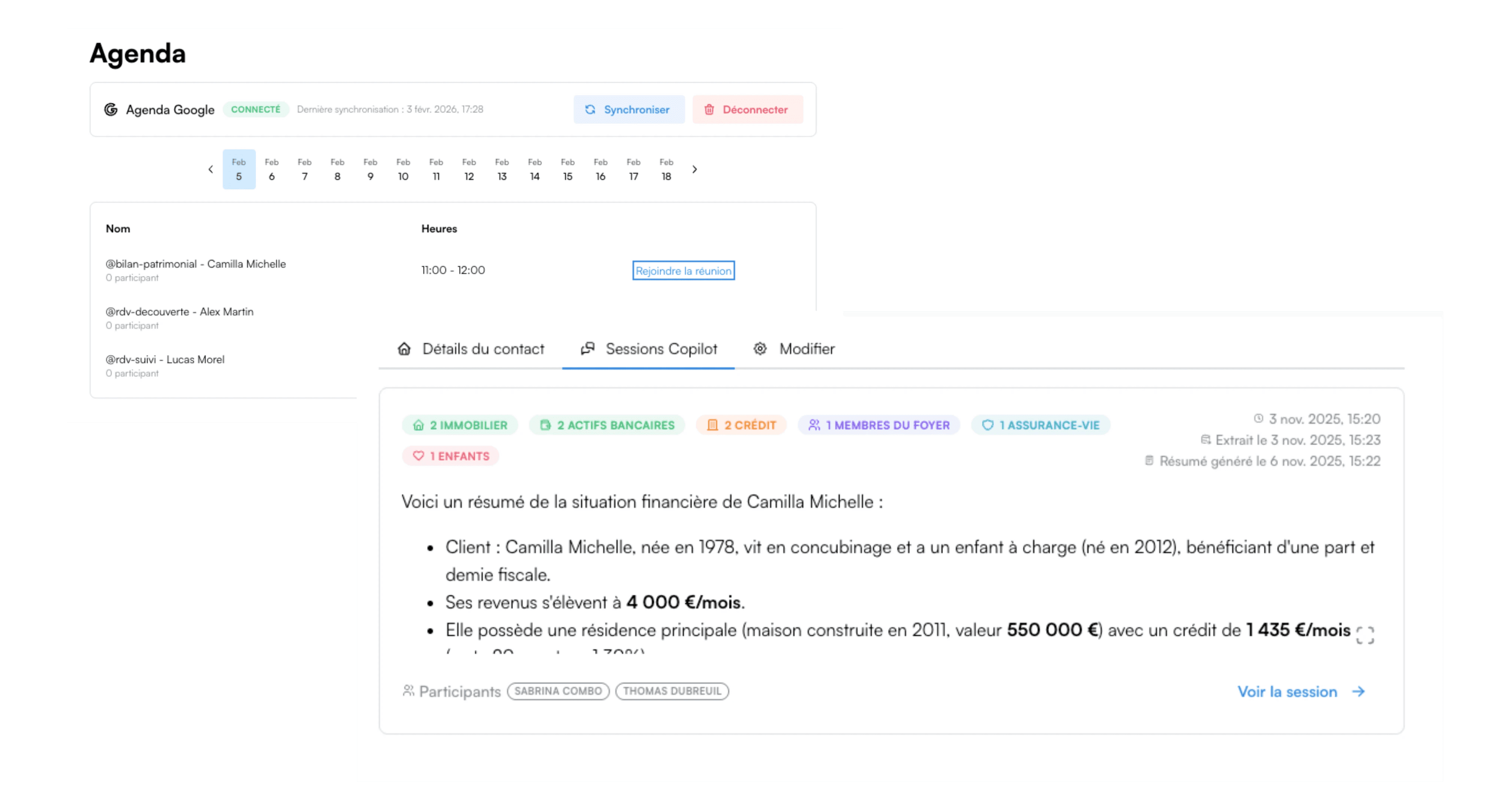 Interface de l’assistant IA Apana affichant l’agenda du conseiller et le résumé automatique d’un rendez-vous client en gestion de patrimoine.