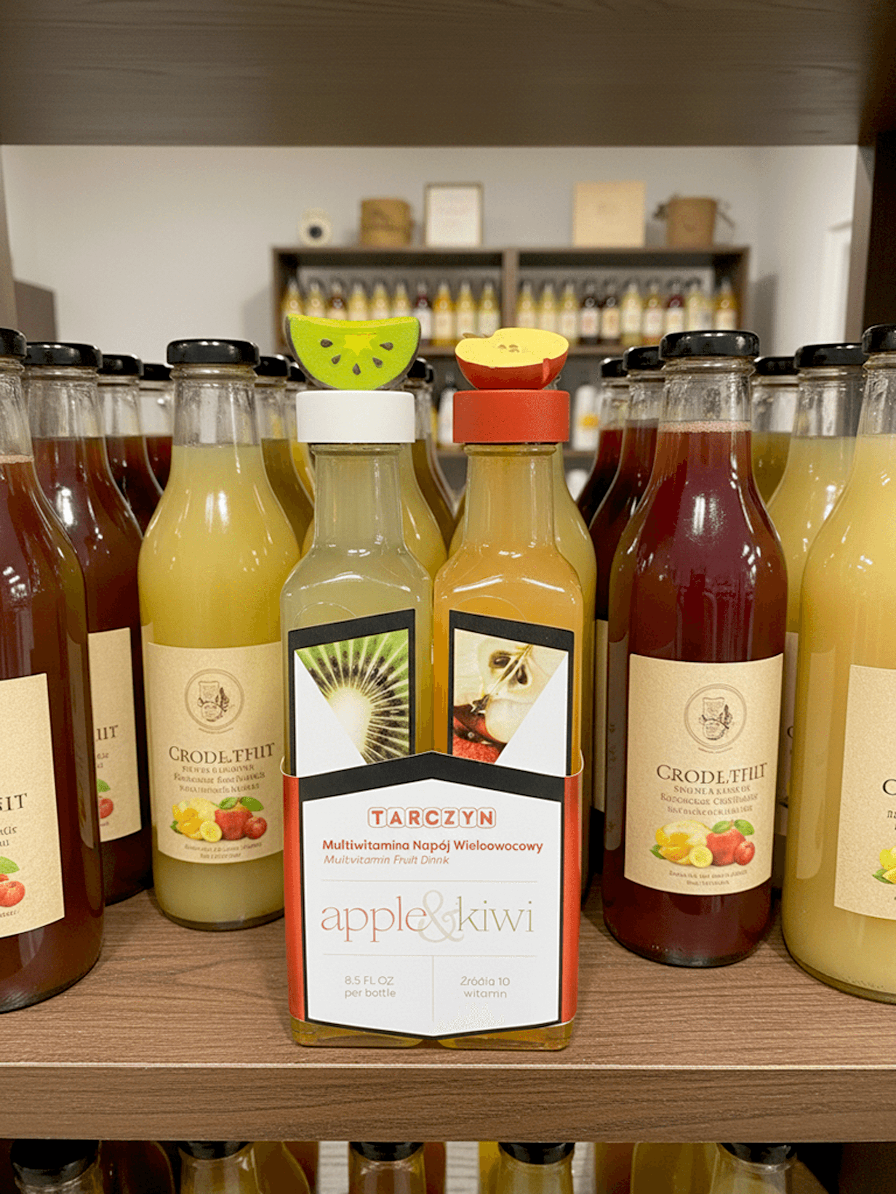 The bottles in their sleeve, set on a shelf among other fruit drinks.