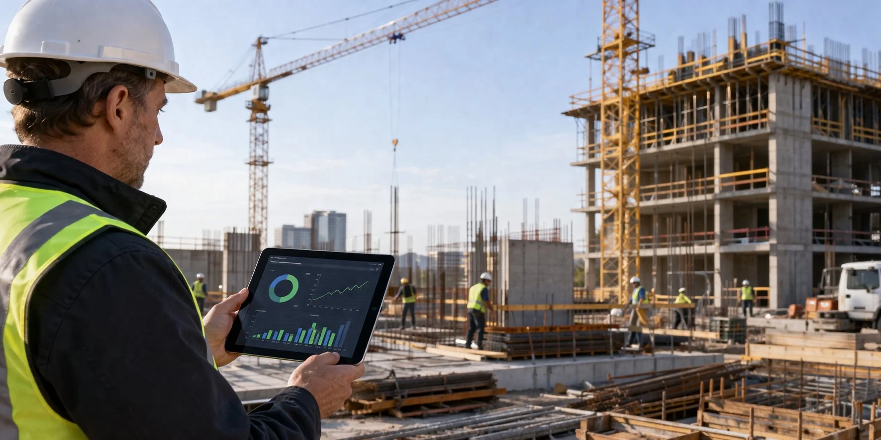 Construction manager on-site using tablet with live dashboard, tracking job, costing, for contractors amid cranes