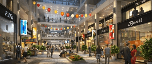 Vibrant high-street retail galleria decorated for seasonal shopping at a luxury Gurgaon hub