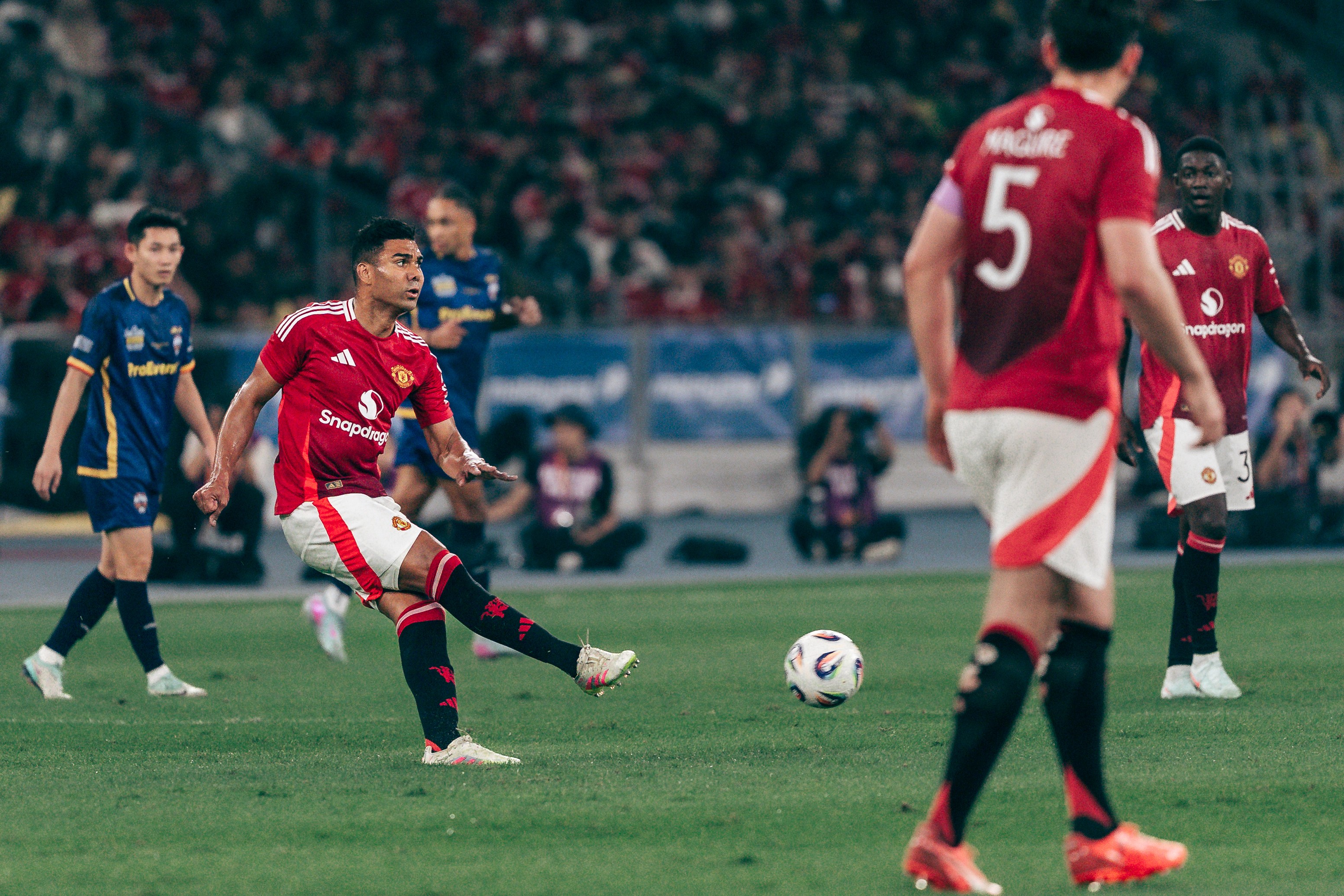 Casemiro in action at the Maybank Challenge Cup 2025 match between Manchester United and the ASEAN All Stars