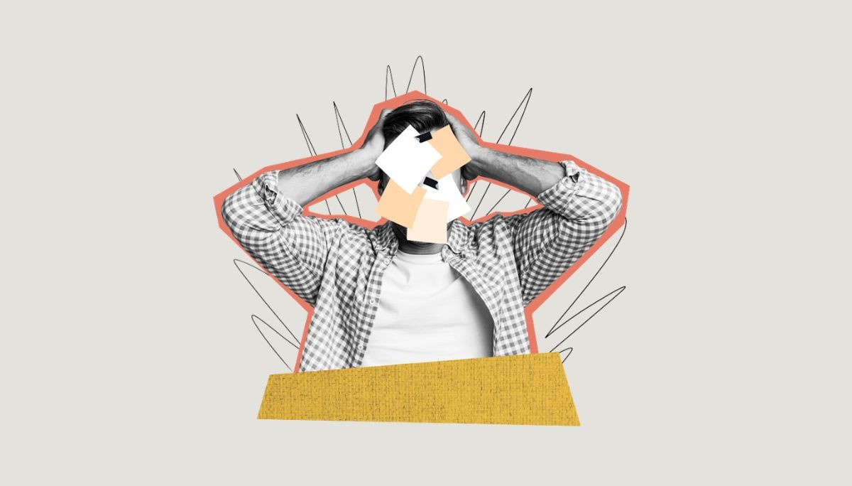 Illustration of stressed individual with layered paper shapes over face, depicting imposter syndrome in the workplace.