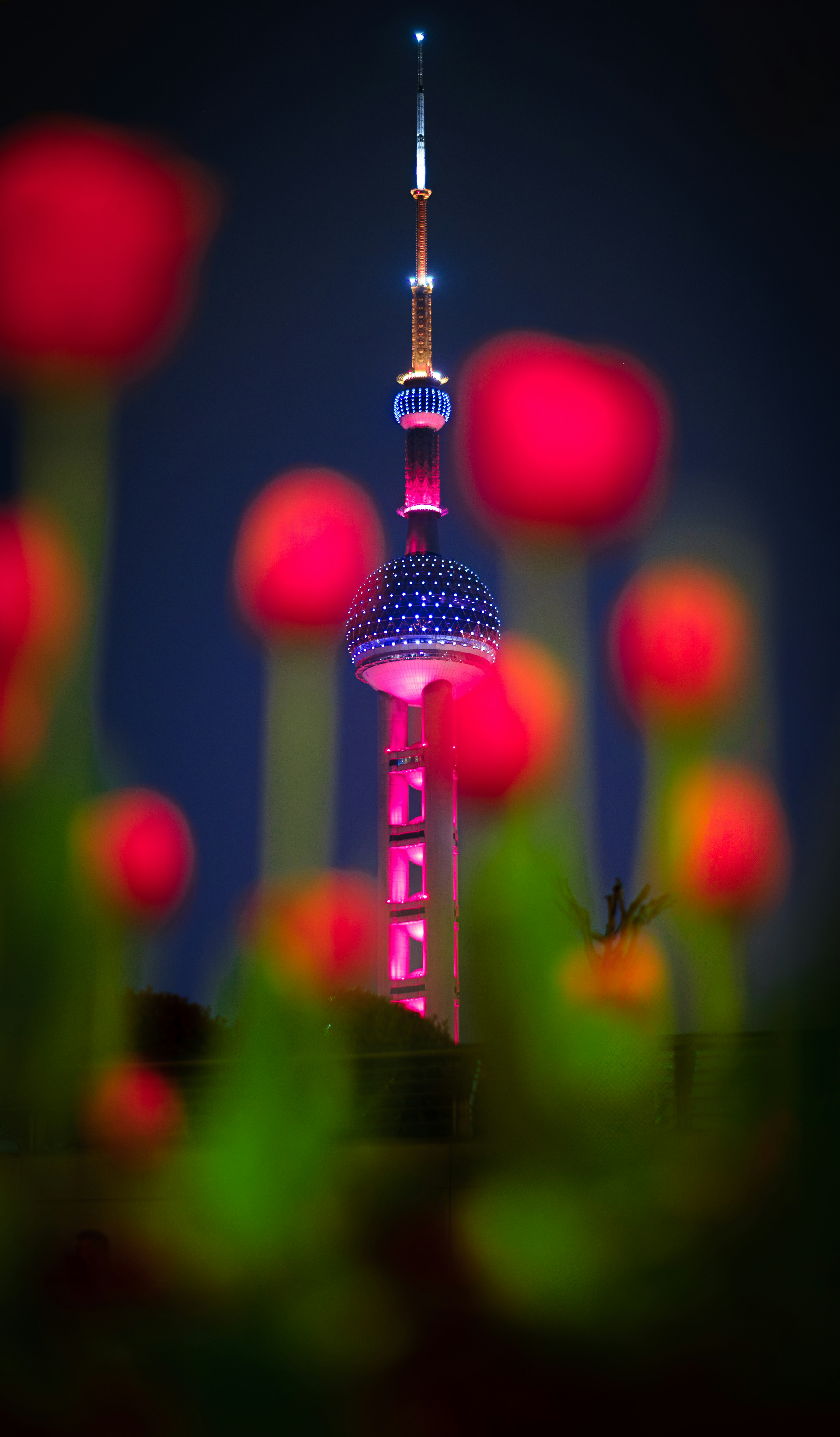 The oriental pearl tower is lit up at night.