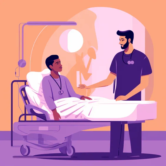 A healthcare professional attending to a young man on a hospital bed.