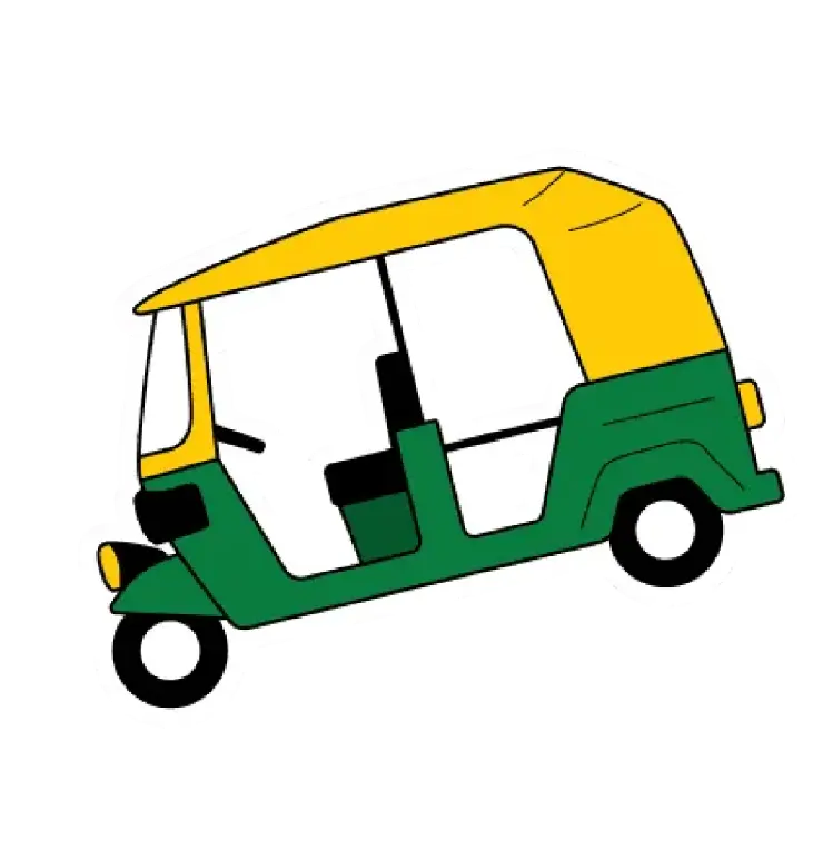 A green and yellow three-wheeler auto-rickshaw in a flat illustration style.