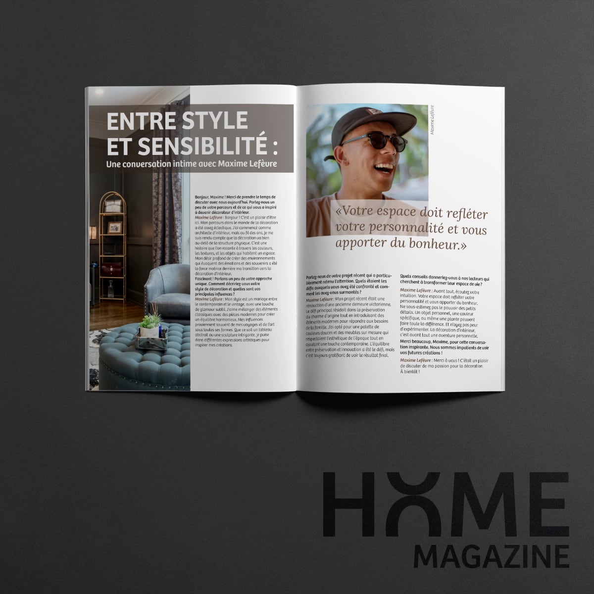 Mise en page et logo d'un magazine de décoration d'intérieur "home magazine"