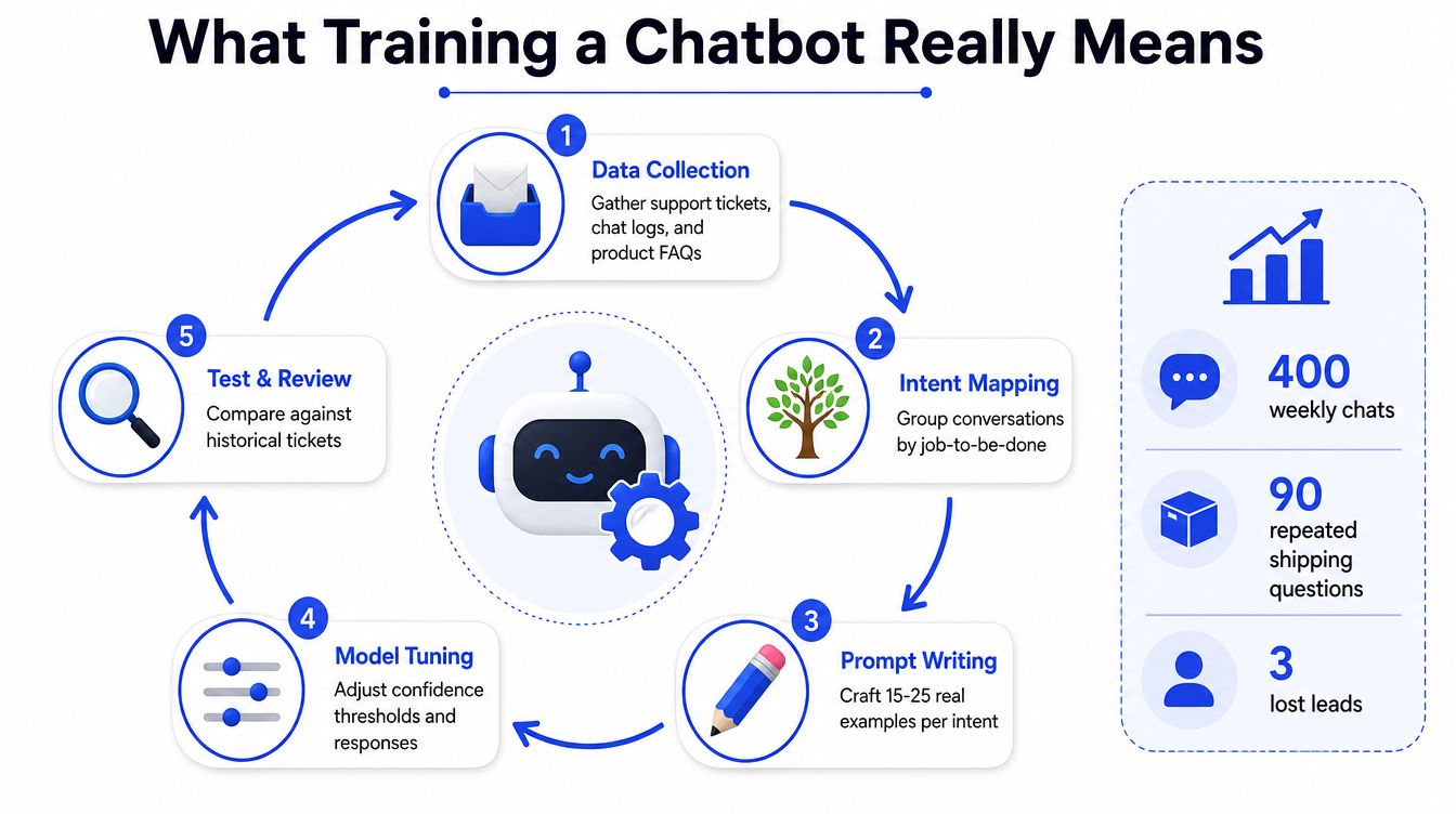 A diagram illustrating the five-step process for training a chatbot, including data collection, intent mapping, and testing.