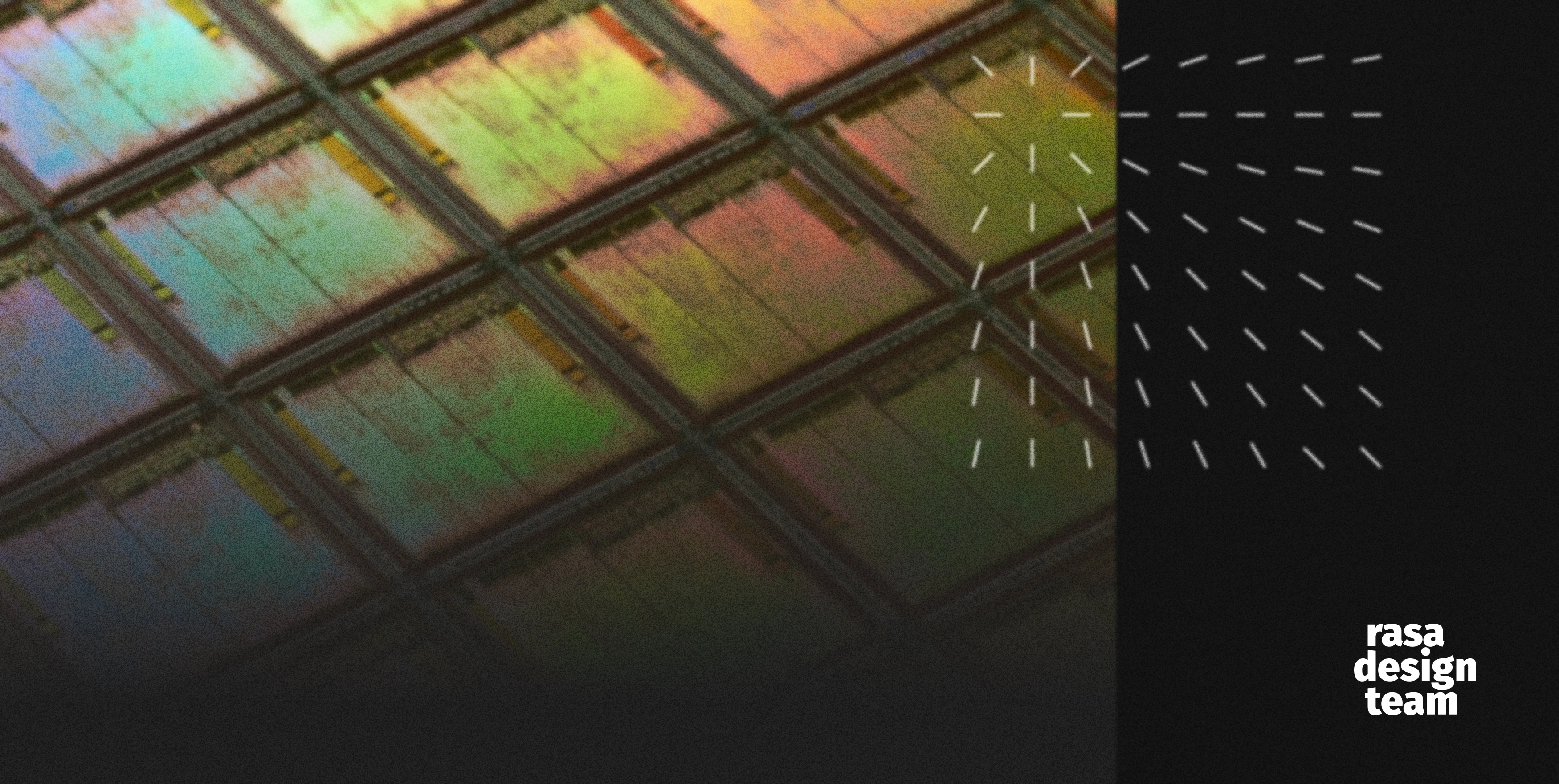  This image features a graphic design with a mix of text and visual elements. The left side shows a close-up of what appears to be a grid of colorful, iridescent squares that may represent digital pixels or a stylized version of a semiconductor wafer. This pattern evokes a sense of technological complexity. The right side has a large, dark area with diagonal white lines forming a corner pattern that suggests an abstract digital signal or connection. Overlaying the dark area in the bottom right corner is the text "rasa design team" in a small, modern white font. Dominating the upper portion of the image in large, bold, white text reads "Cracking the Code of Innovation Ecosystems with Barry Katz". The overall design conveys a theme of technology and innovation.