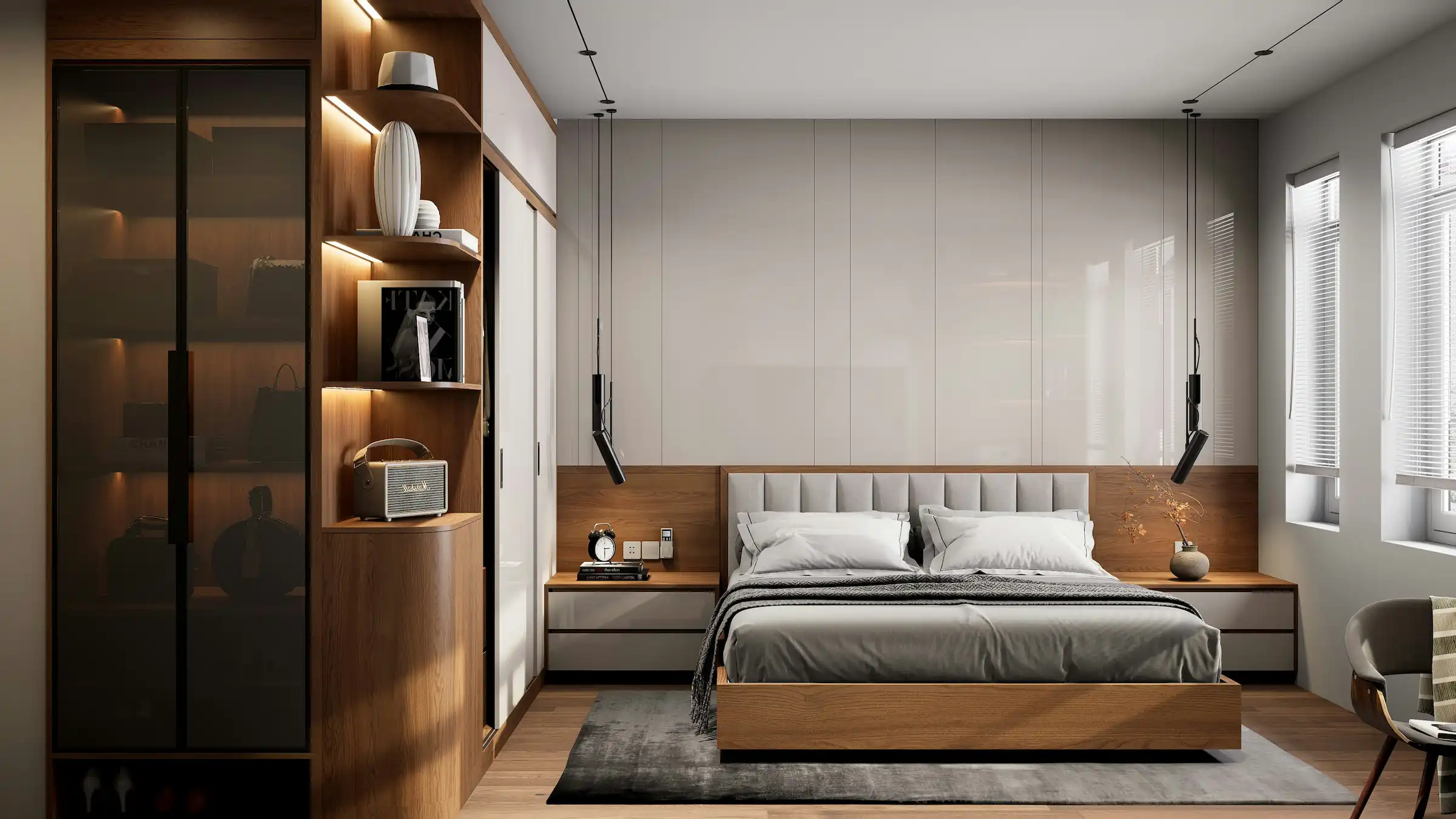 Modern interior entrance with floor-to-ceiling glass walls and warm timber cladding overlooking landscape