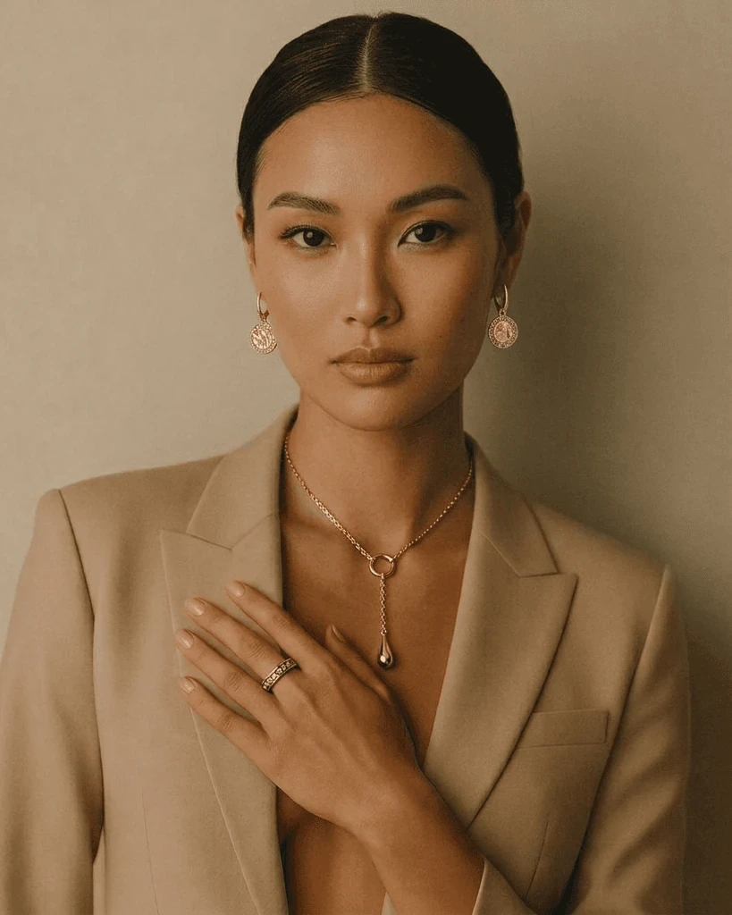 A person wearing elegant jewelry, including a gold necklace with a teardrop pendant, matching earrings, and a ring, in a minimalist, classy style, perfect for a jewelry website template.