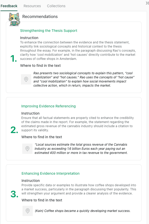 thesify recommendations showing prompts for thesis support, evidence referencing, and interpretation of evidence in academic writing