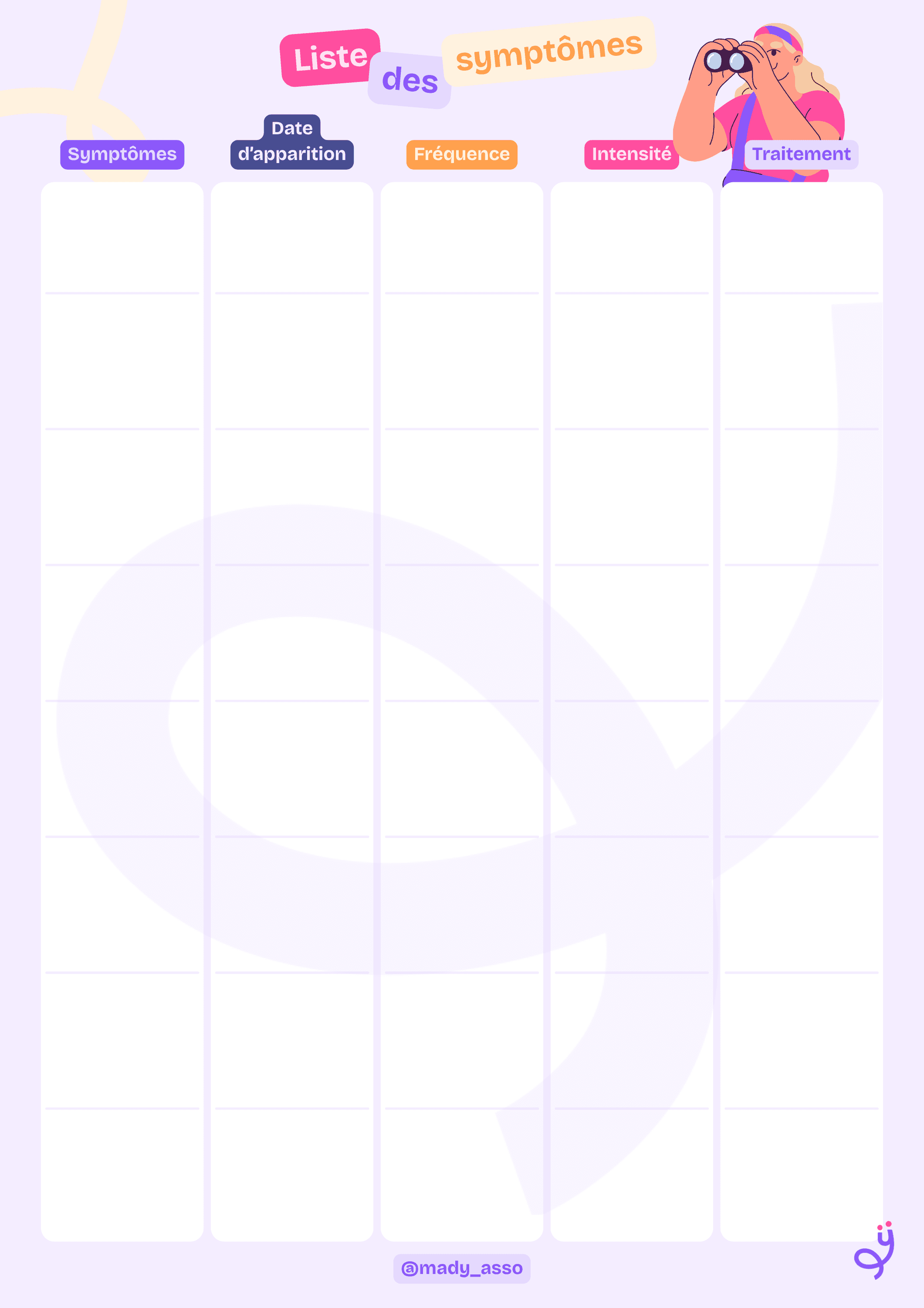Tableau permettant de noter ses symptômes, leur intensité et leur fréquence