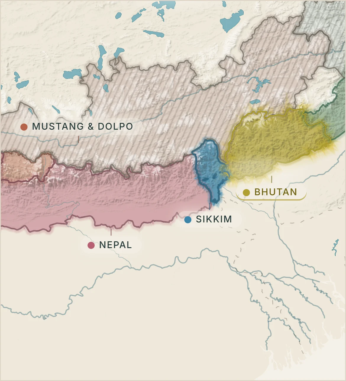 Map of the Himalaya: fifteen regions from the Hindu Kush and Karakoram to Nepal, Sikkim, Bhutan and Arunachal. Open the full map.