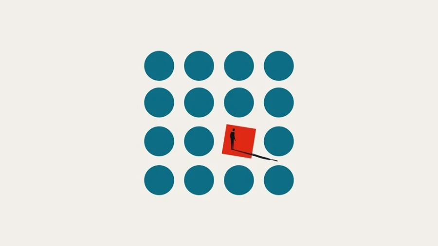 Illustration of a red square with a person standing out among blue circles, symbolizing disruptive innovation or thinking differently.