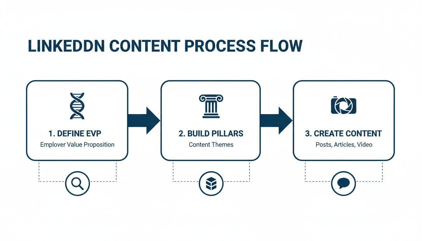 Flowchart illustrating the LinkedIn content process with three steps: Define EVP, Build Pillars, and Create Content.