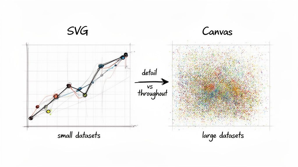 Comparison of SVG for small datasets (detail) and Canvas for large datasets (throughput) in charting.