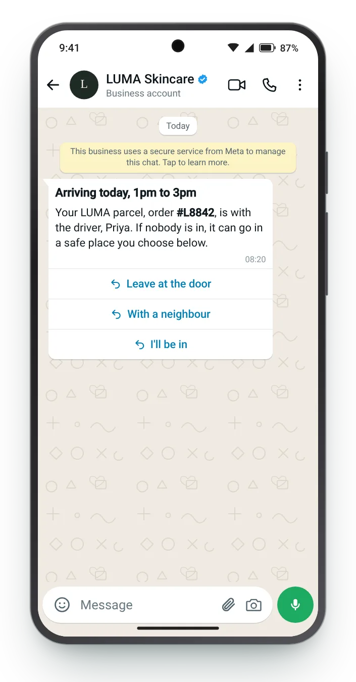 Arriving today, with a time window: WhatsApp shipping update on an Android phone