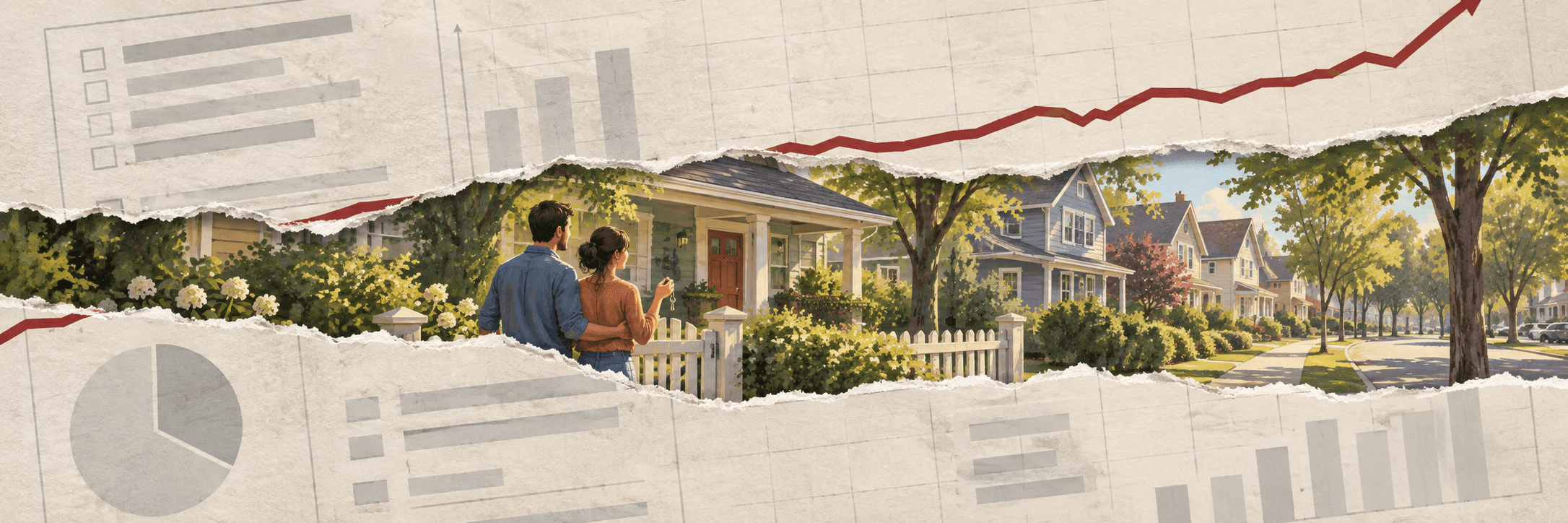 Illustration of a couple outside a house, with torn-paper charts and a rising red line