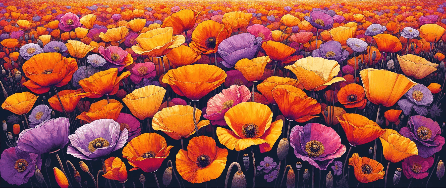 An illustration of pink, purple, yellow, and orange California poppies in a field.