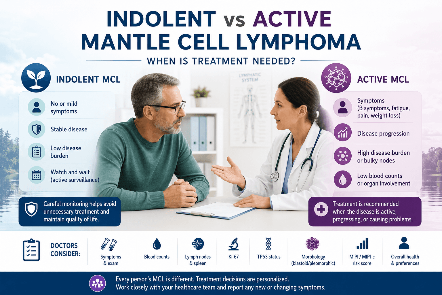 Infographic comparing indolent and active mantle cell lymphoma.