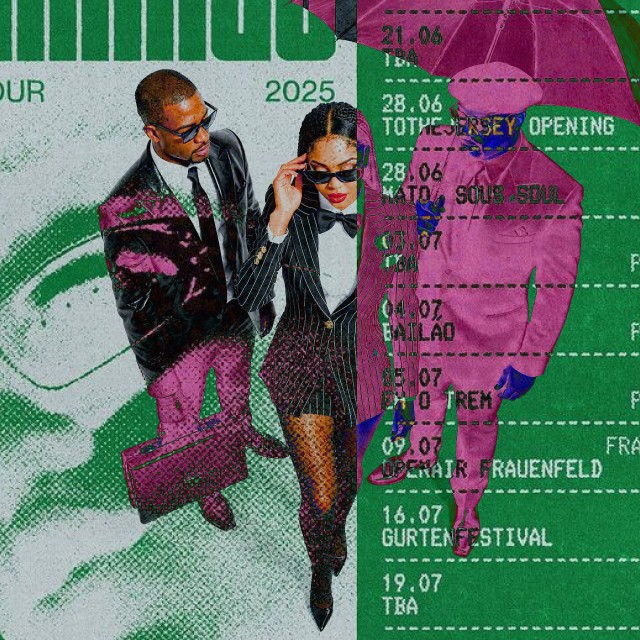 A fashionable man and woman with umbrellas walk past a green poster displaying a list of music festivals and concert dates for 2025.