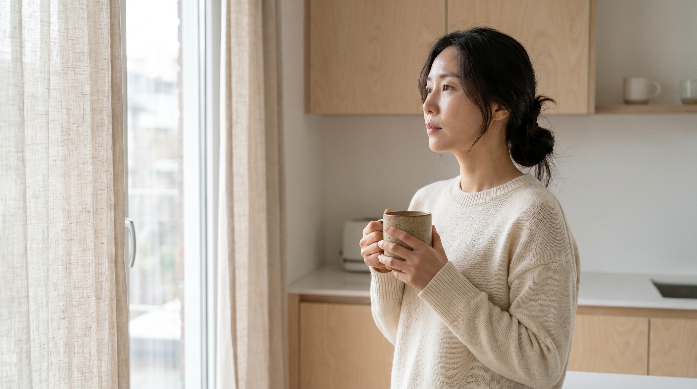 Woman at a sunlit kitchen window holding a mug, thoughtful morning moment in a minimalist editorial style