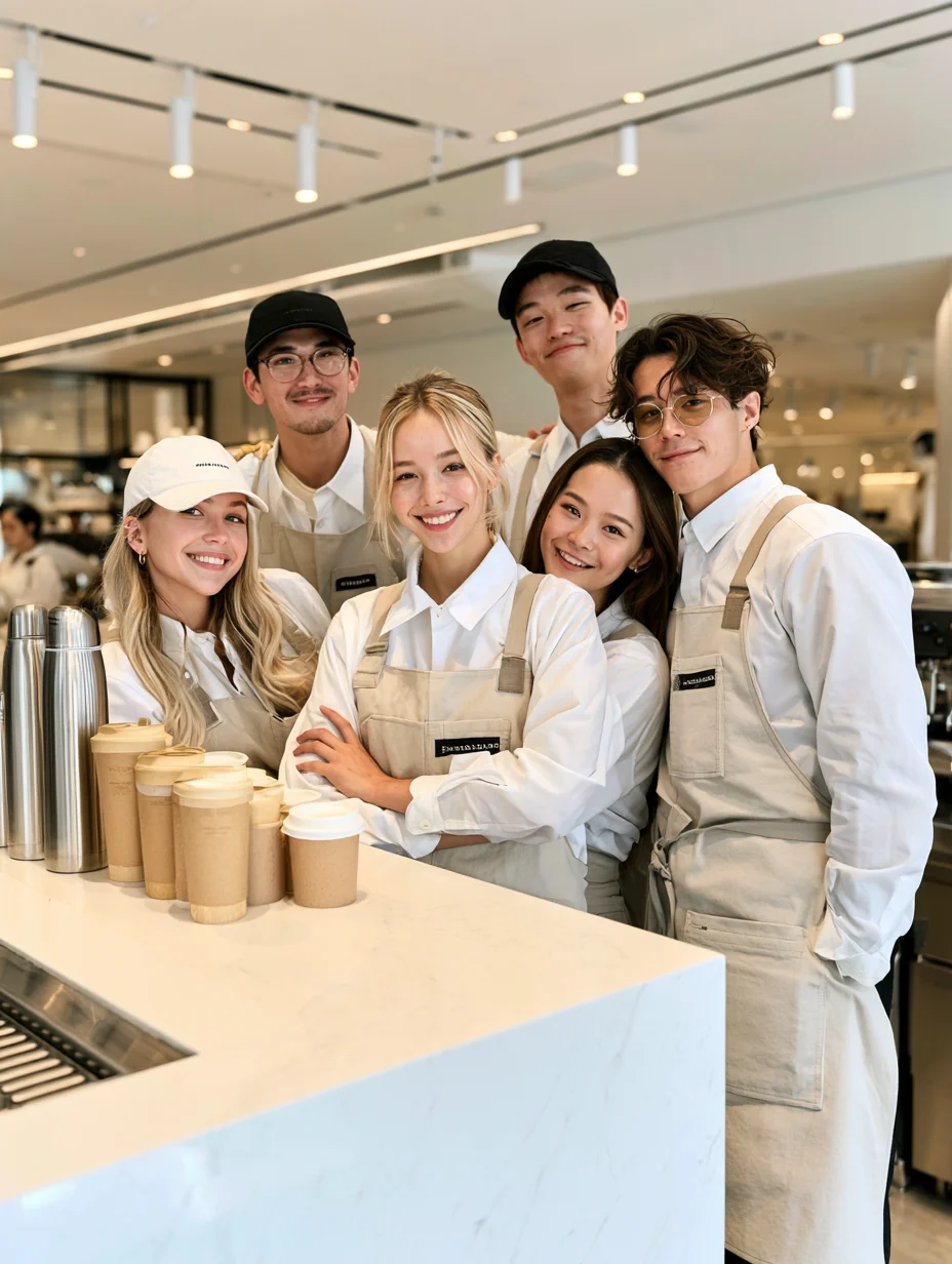 Six smiling cafe staff in white shirts and beige aprons behind a marble counter with reusable cups, premium lifestyle hospitality team