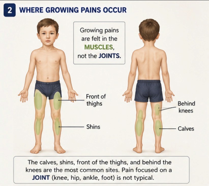 Diagram showing the common sites of growing pain in children: calves, thighs and behind the knees