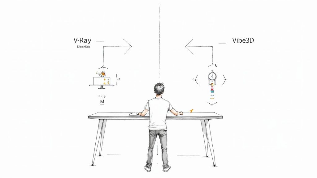Designer at desk comparing V-Ray and Vibe3D rendering software workflows with visual diagrams