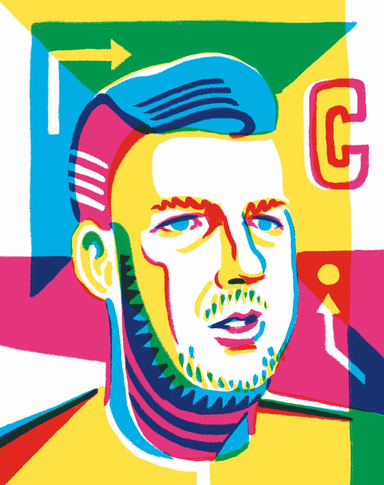 Portrait of Edward Iordănescu for the 2024 edition of Tschuttiheftli. It is in just the three colors of yellow, cyan and magenta, overlapping and forming new colors.