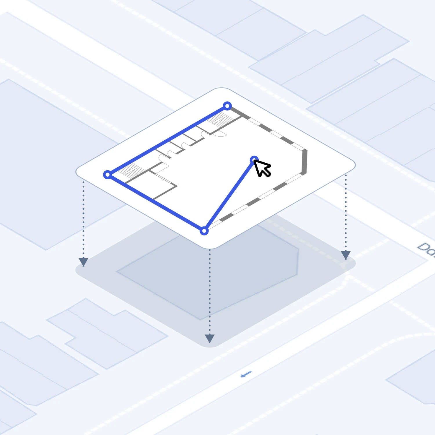 3D graphic showing floorplan drawing and site creation