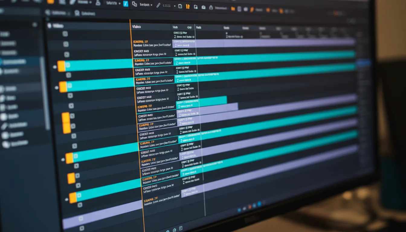 Macro DSLR photo of a computer screen displaying a professional video editing software timeline, similar to Adobe Premiere Pro. The interface is in Modern Dark Mode, with a complex arrangement of stacked horizontal tracks. The video and audio clips are colored in vibrant cyan and desaturated lavender. Small, sharp UI icons in orange and yellow are visible on the clips, which show abstracted text lines as placeholder data. The shot is at a slight angle, creating a shallow depth of field with a sharp focus on the central part of the timeline and a soft bokeh blur in the background.