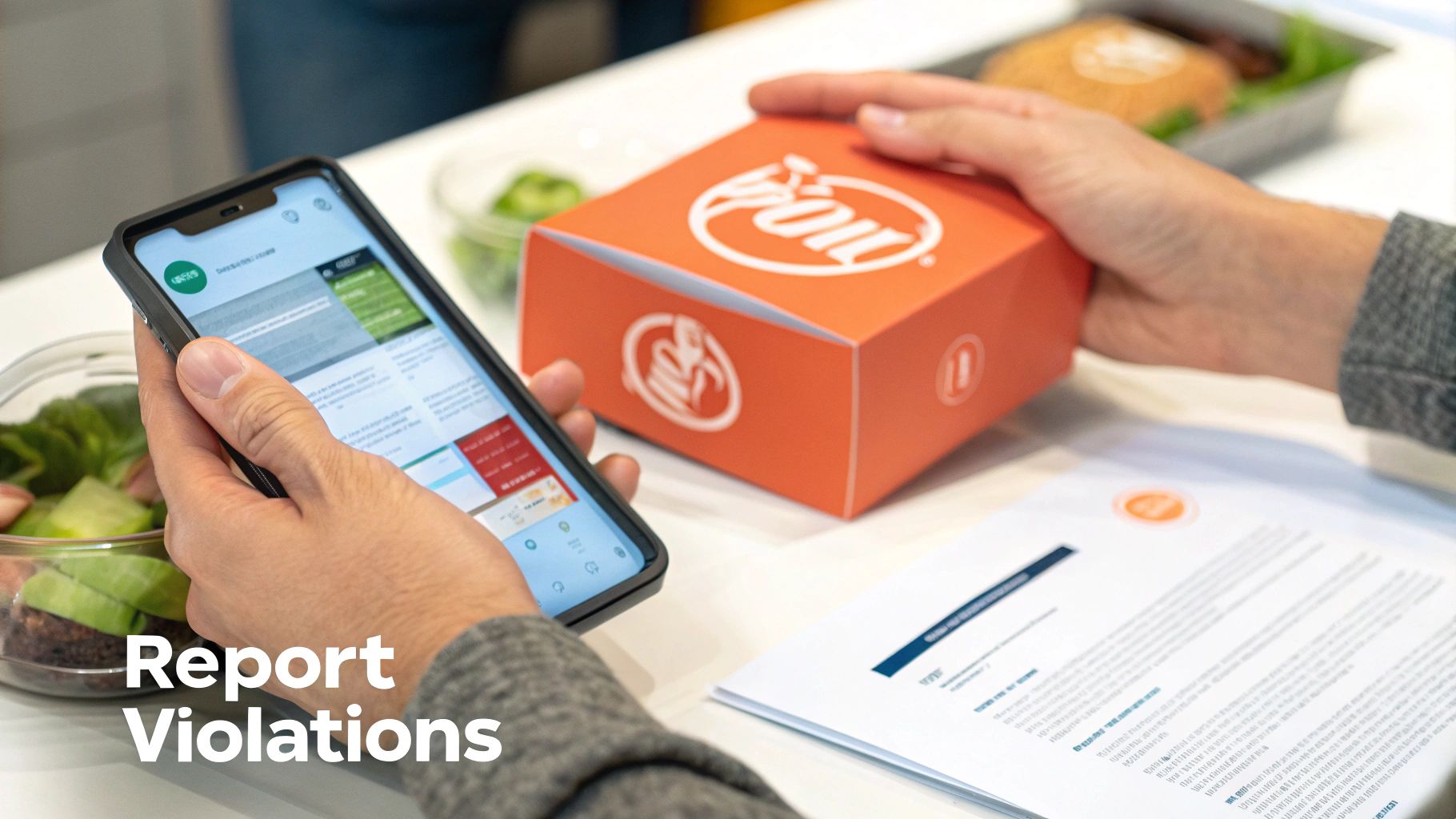 A person holds a smartphone viewing an app, next to an orange box and documents, suggesting reporting violations.