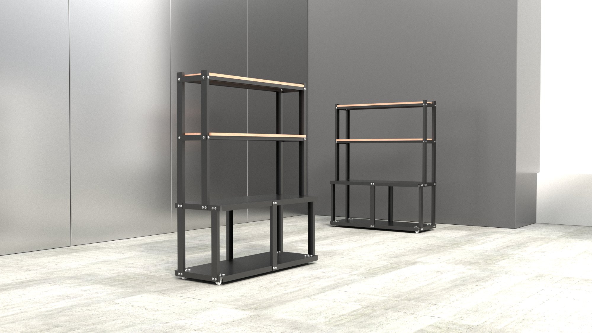 StrucShelf 코너에 배치된 선반의 측면 뷰 – 금속 프레임 구조와 목재 선반의 조화로운 모듈 배열, Studio Underscore 작업