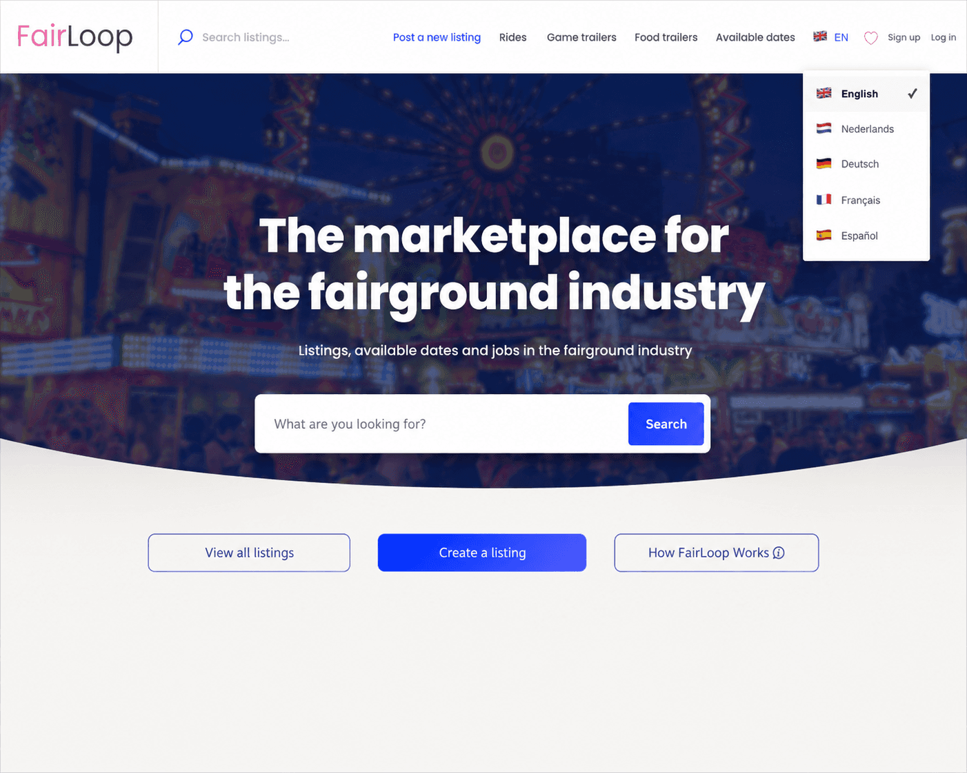 FairLoop homepage with multilingual language dropdown showing English, Dutch, German, French and Spanish options