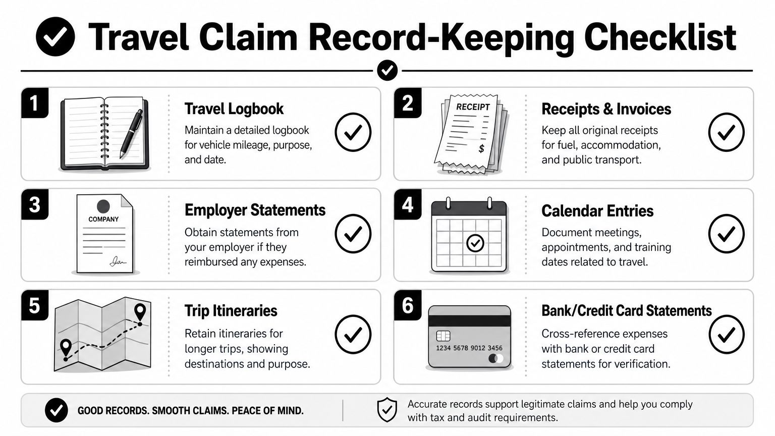 A checklist illustrating six essential types of records needed for documenting business travel expenses for tax claims.