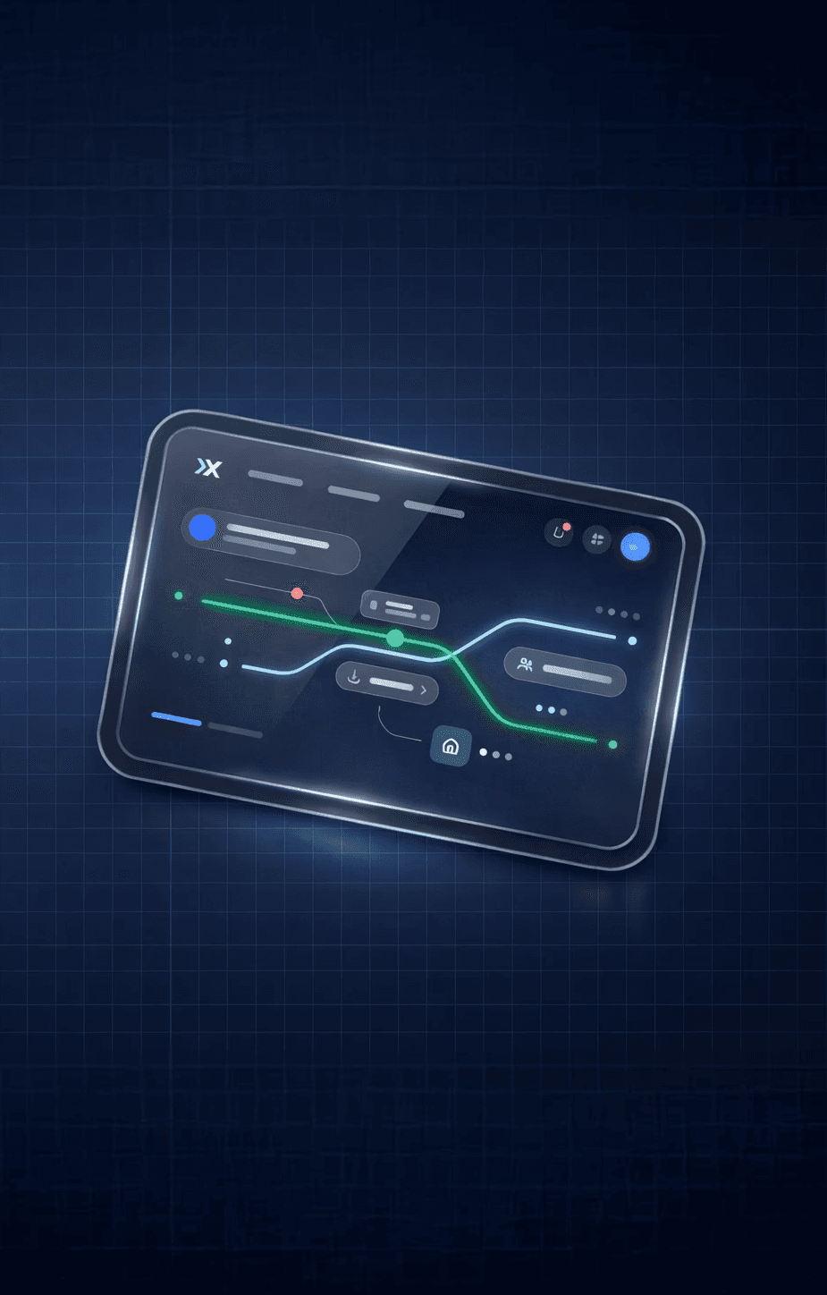 Cinematic abstract animation featuring deep blue digital grids and glassmorphic UI elements, symbolizing complex data architecture and strategic clarity for Nudgix B2B SaaS Product Design Studio