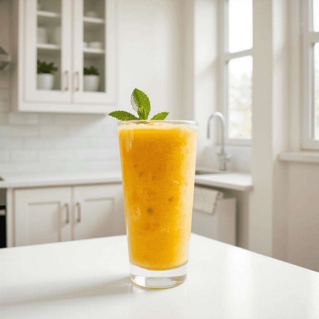 product photography of a glass of mango smoothie