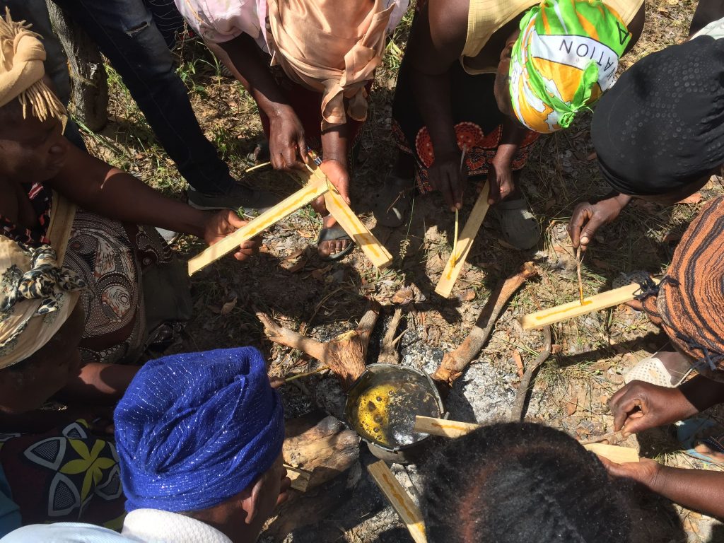 Priming the top bars with melted bees wax