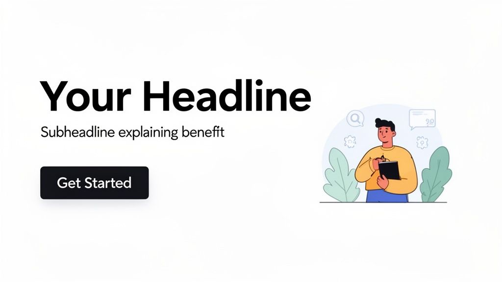 A landing page design with a bold headline, descriptive subheadline, and a 'Get Started' button, alongside an illustration of a person writing.