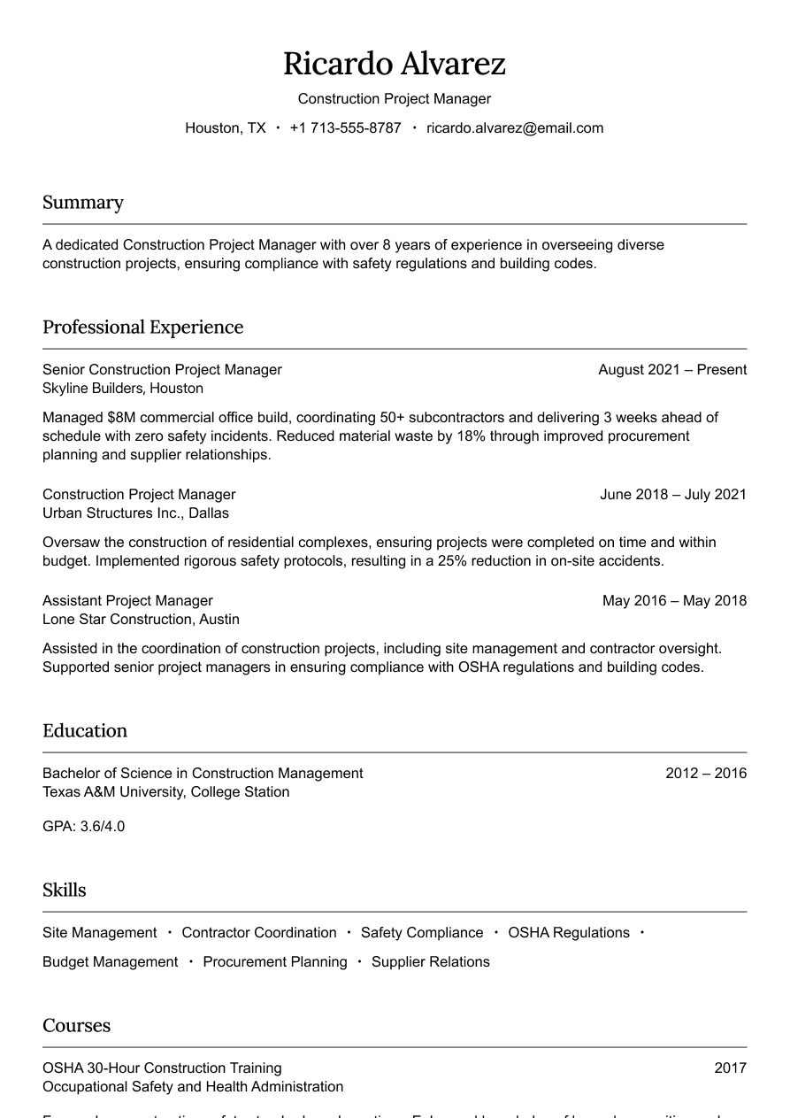 Construction project manager resume example