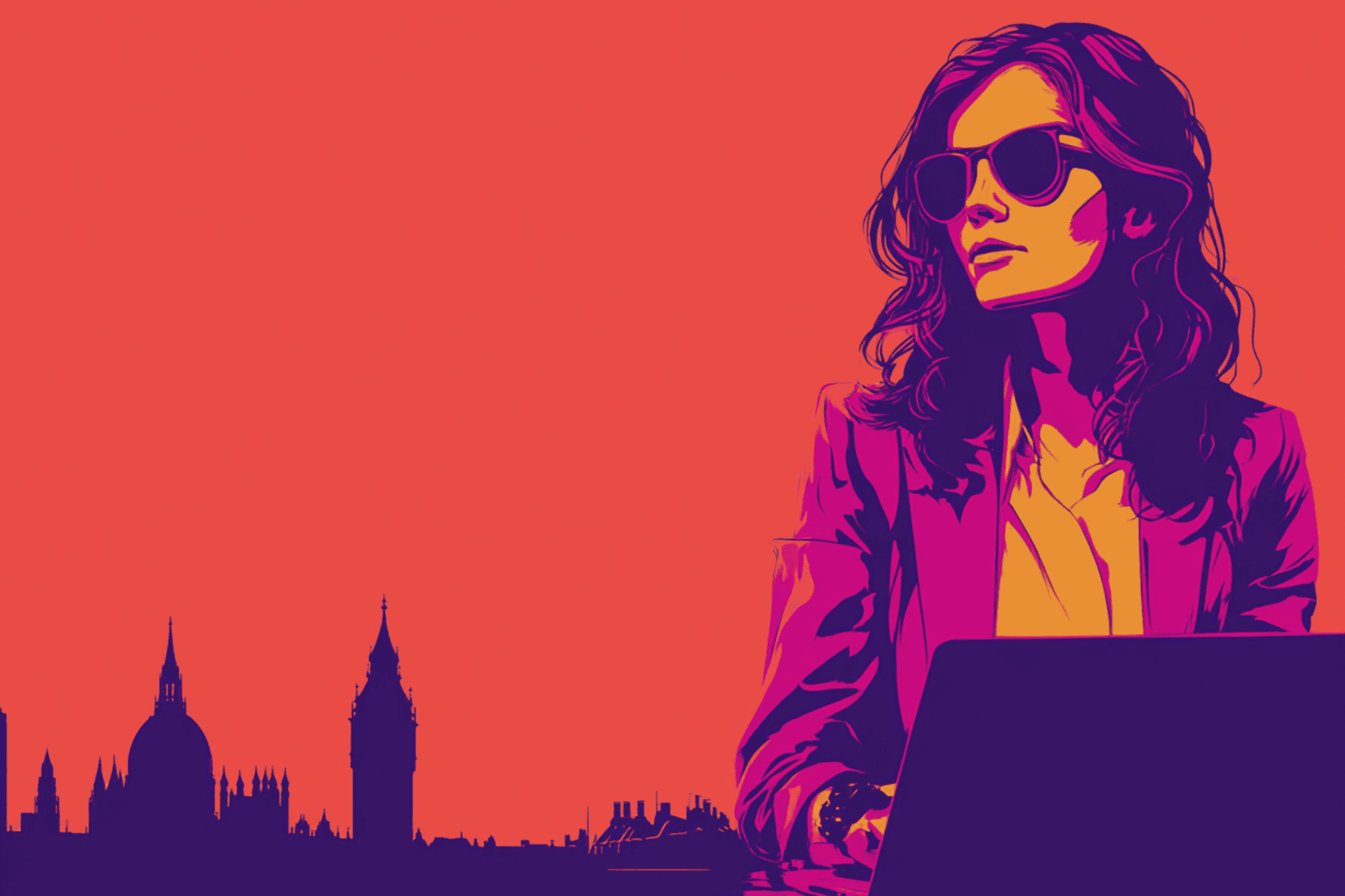 A person wearing glasses and a dark sweater sits at a desk, smiling and giving a thumbs up, with a laptop open in front of them, and a framed abstract painting hanging on the wall behind.