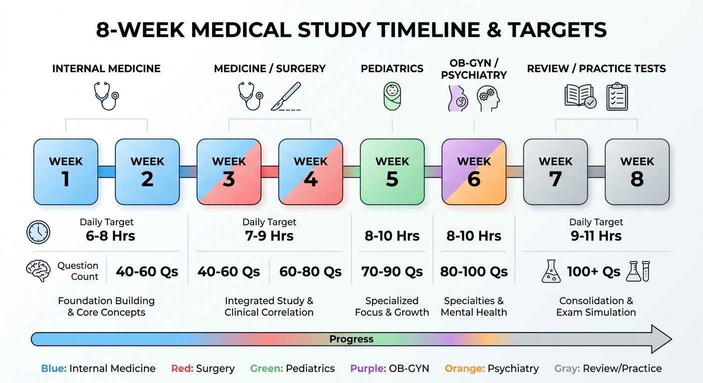 8-Week USMLE Step 2 CK Study Timeline with Subject Distribution