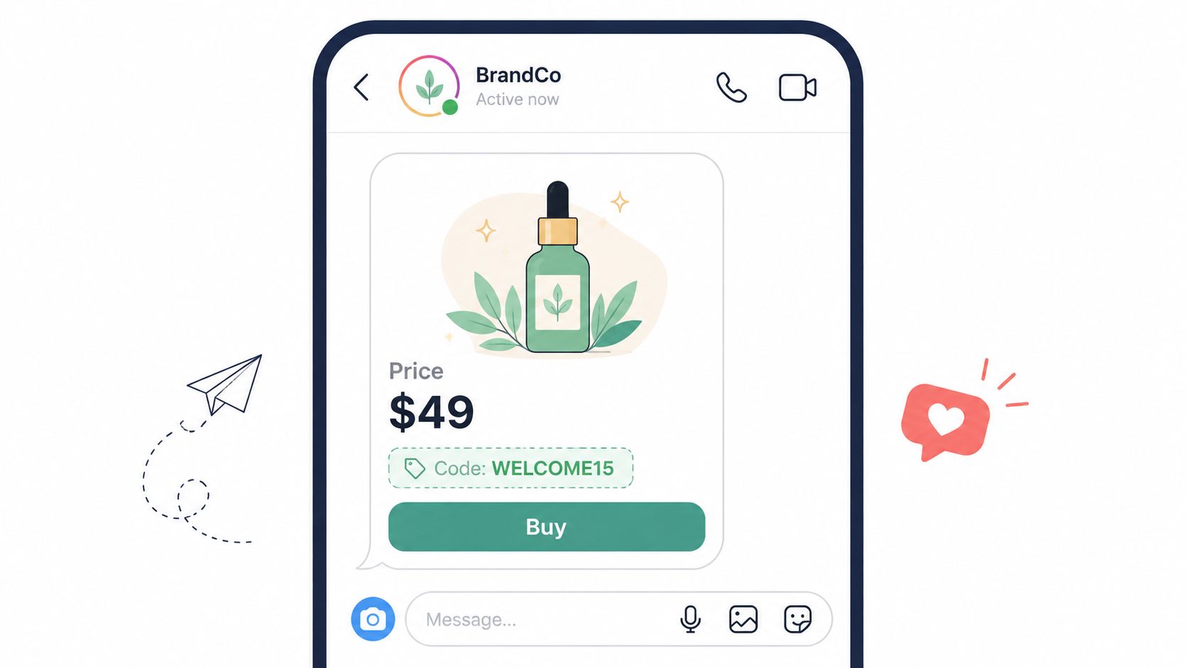 A mobile chat interface showing a BrandCo business account sending an automated welcome message for a product.