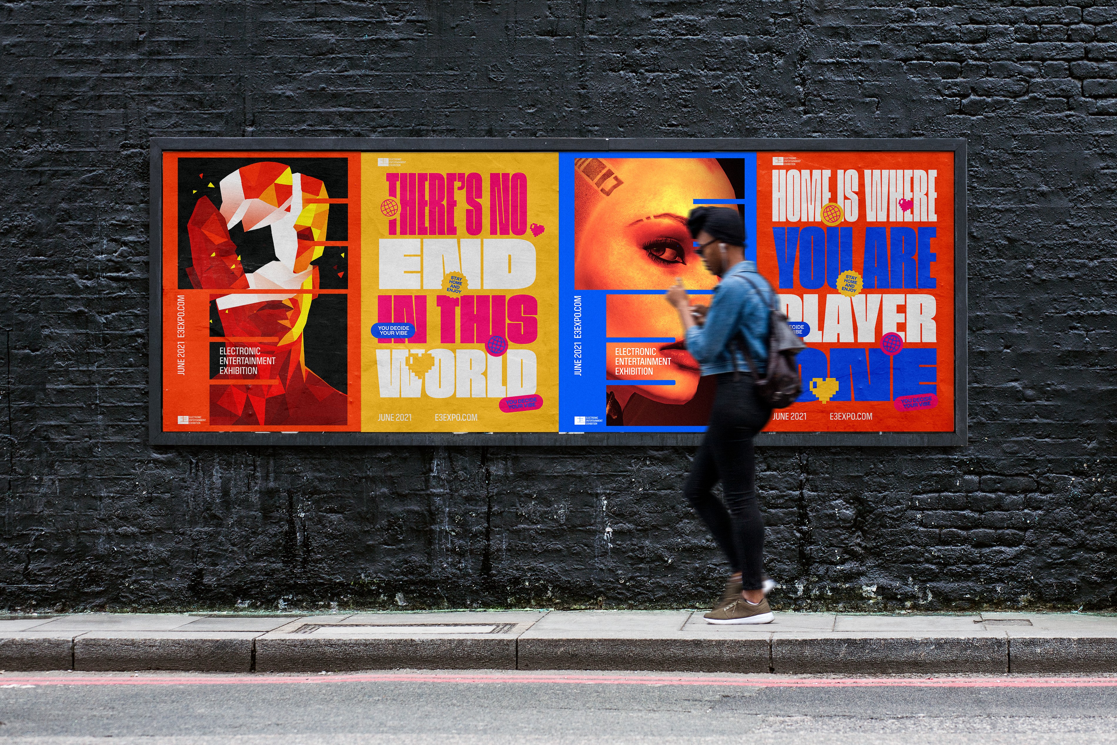 Streetside billboard with flyposters of the Batch.Works brand and illustrations