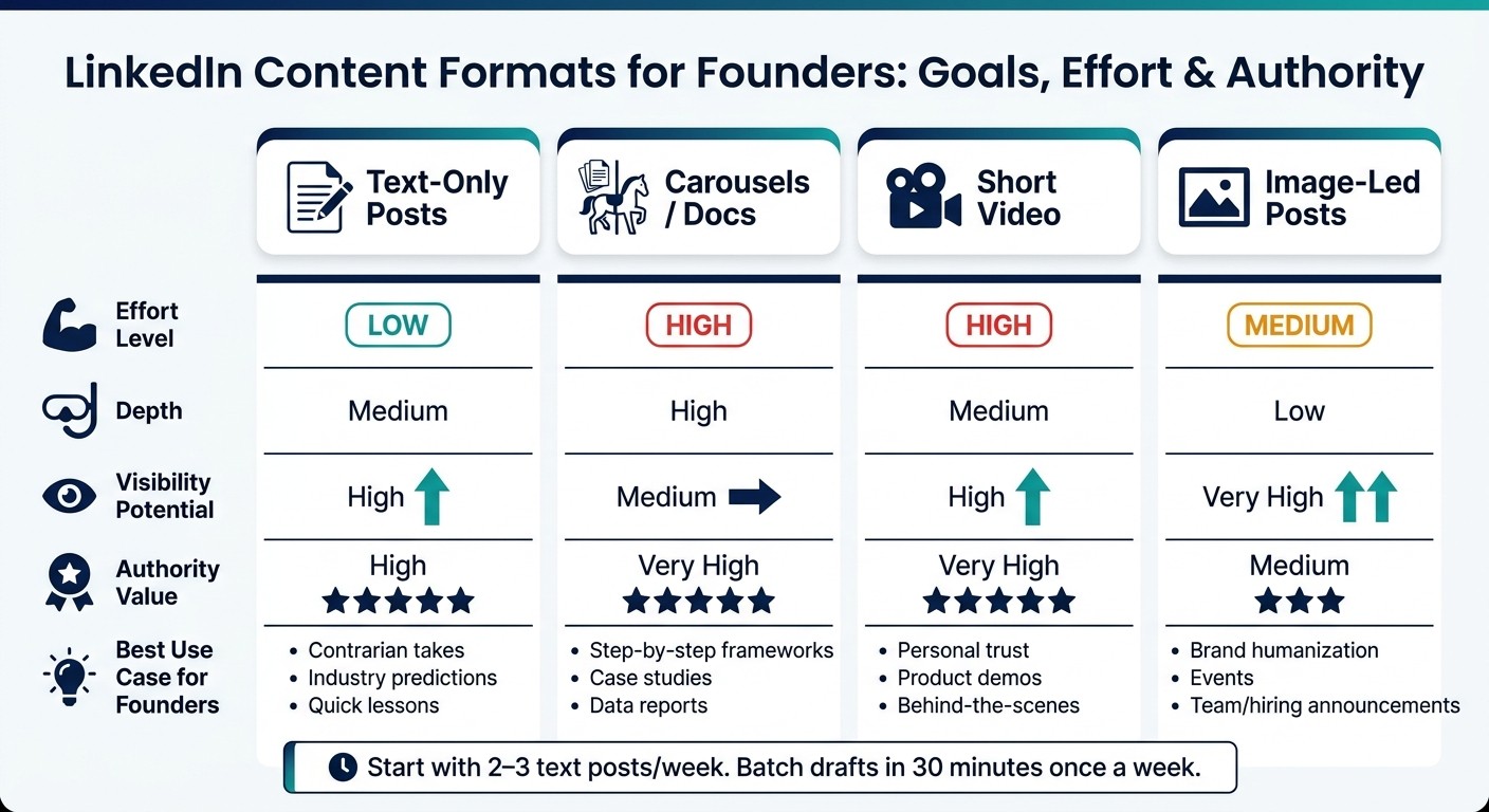 LinkedIn Content Formats for Founders: Goals, Effort & Authority